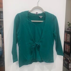 Ann Taylor petites forest green silk blend twin set ribbon ties Small petite